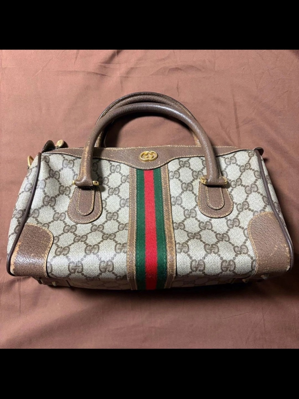 Gucci Brown GG Canvas Satchel with Green-Red Web Stripe